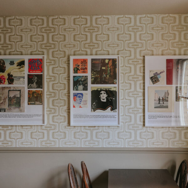 70s interior with funky wallpaper and poster frames on the wall